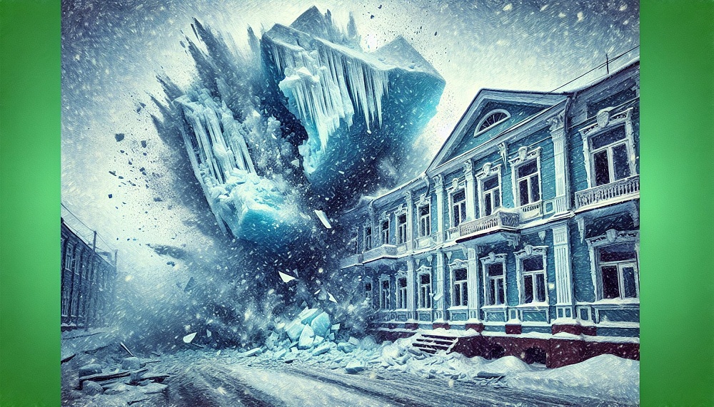 Глыба льда с крыши пробила балкон и окна в Южно-Сахалинске